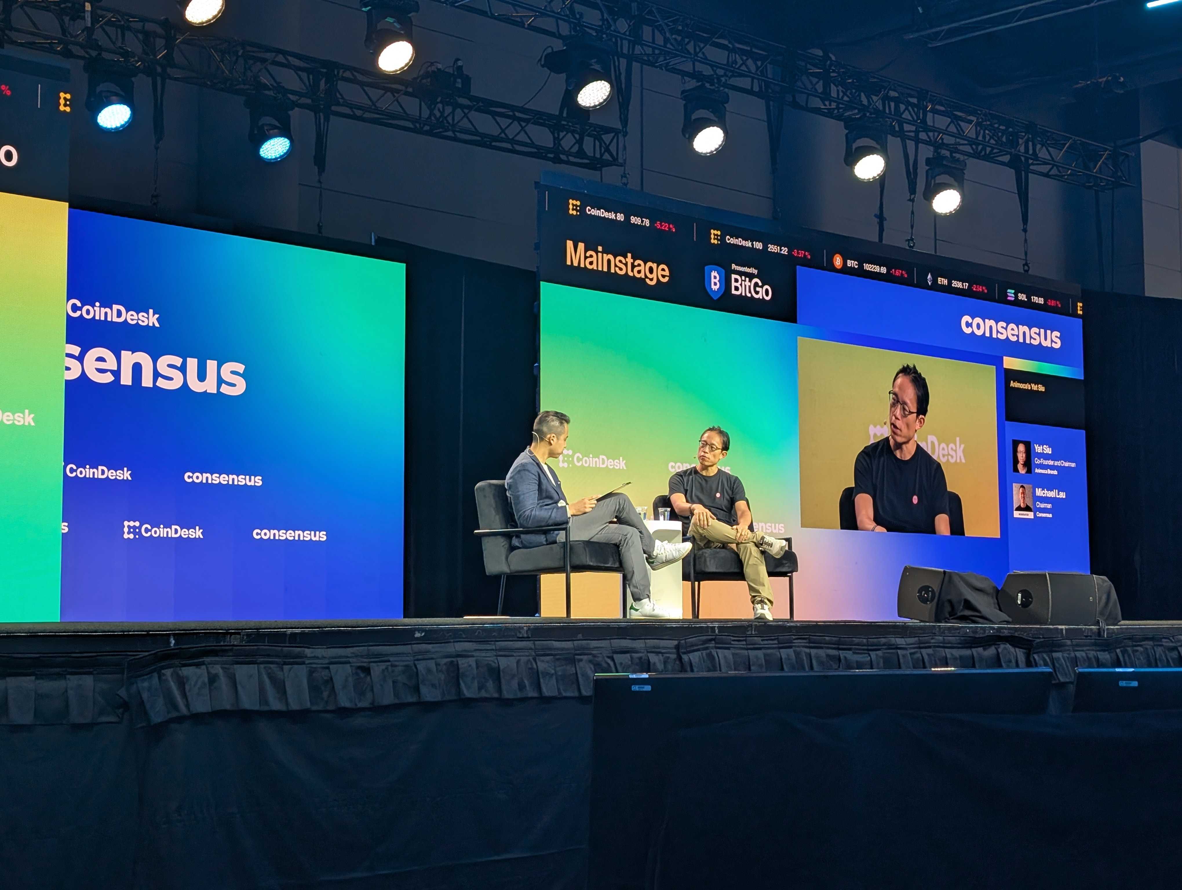 Consensus chairman Michael Lau, pictured left, with Animoca Brands chairman Yat Siu, pictured right, discuss crypto, AI, and education at Consensus 2025. Source: Cointelegraph