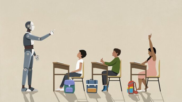 AI robot teaching schoolchildren at desks in classroom