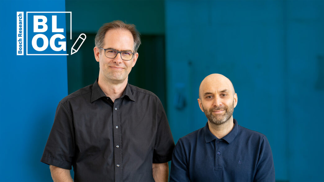 A woman stands in front of an artificial blue surface and explores her surroundings in a virtual world. The picture shows the letters "AI", which stands for artificial intelligence.