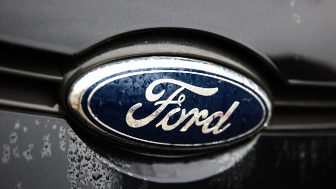 A Ford logo is seen on a gray car.