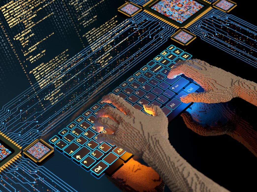 Hands typing code on a virtual keyboard.