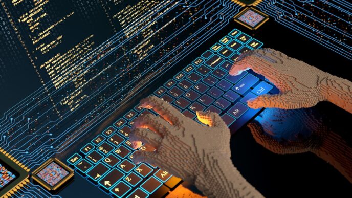 Hands typing code on a virtual keyboard.