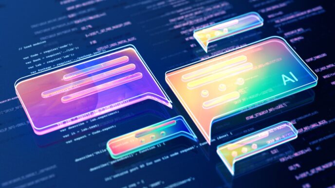 Digital generated image of abstract AI data chat icons flying over digital surface with codes