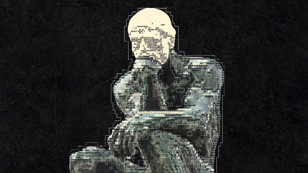 Thinking man statue with a digital coded overlay and his head is missing