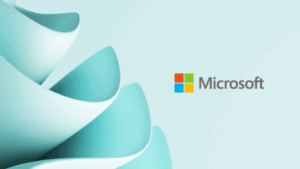 An image of the Microsoft logo with wavy lines on the left side that fade into a light blue background in the middle and right side.