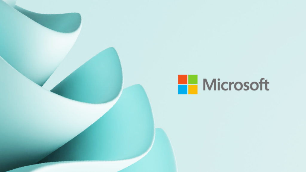 An image of the Microsoft logo with wavy lines on the left side that fade into a light blue background in the middle and right side.