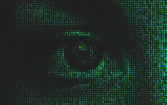 Artificial intelligence technology futuristic background. Green binary coding letters on black.