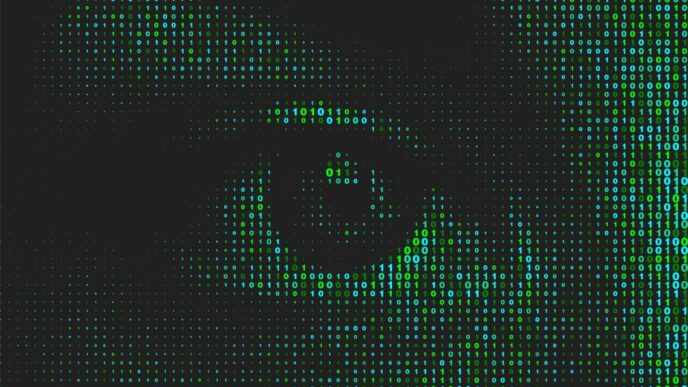 Artificial intelligence technology futuristic background. Green binary coding letters on black.