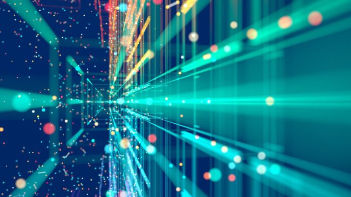 A stock image of bright teal blue and yellow lines of light angled toward you on a dark blue background