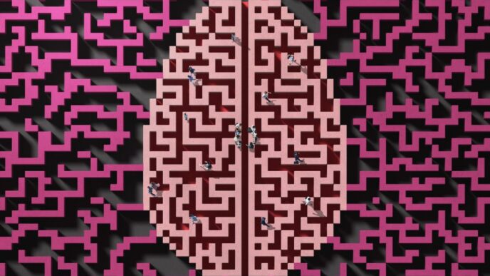 People walking in a maze shaped as a brain