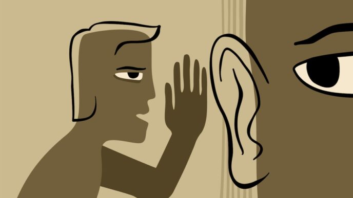 Fake news - abstract drawn person whispers gossip in another persons ear. Vector illustration