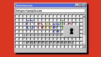 Pixel art of a retro browser showing Google behind bars with a keyhole overlay