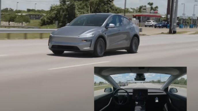 A screenshot of a video of a Tesla Model Y delivering itself to a customer in Austin, Texas
