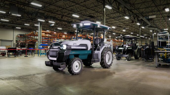 Monarch Tractor's robot tractor in a warehouse