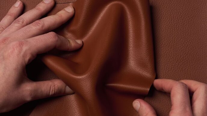 Two hands crumple Uncaged Innovations' artificial leather.