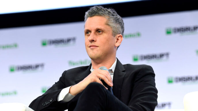 Box CEO Aaron Levie on stage at TechCrunch Disrupt in San Francisco in 2019.