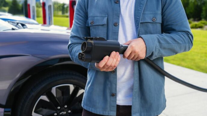 A man holds a Tesla charging cable with a CCS adapter attached.