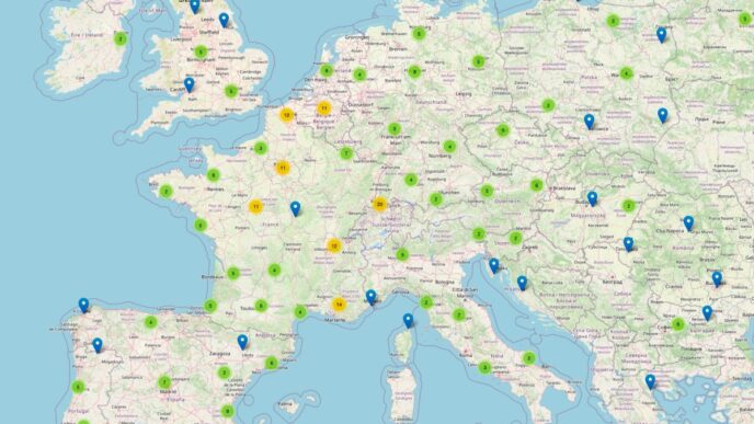 a map of central Europe showing location markers of exposed TeslaMate servers, as well as different colored clusters of more than one servers.