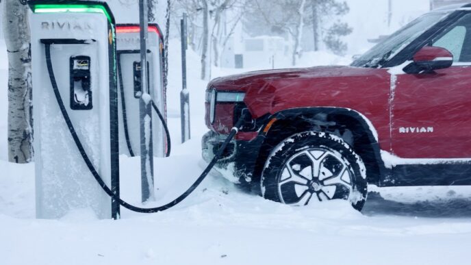 Rivian Electric Car Charging Station, in winter